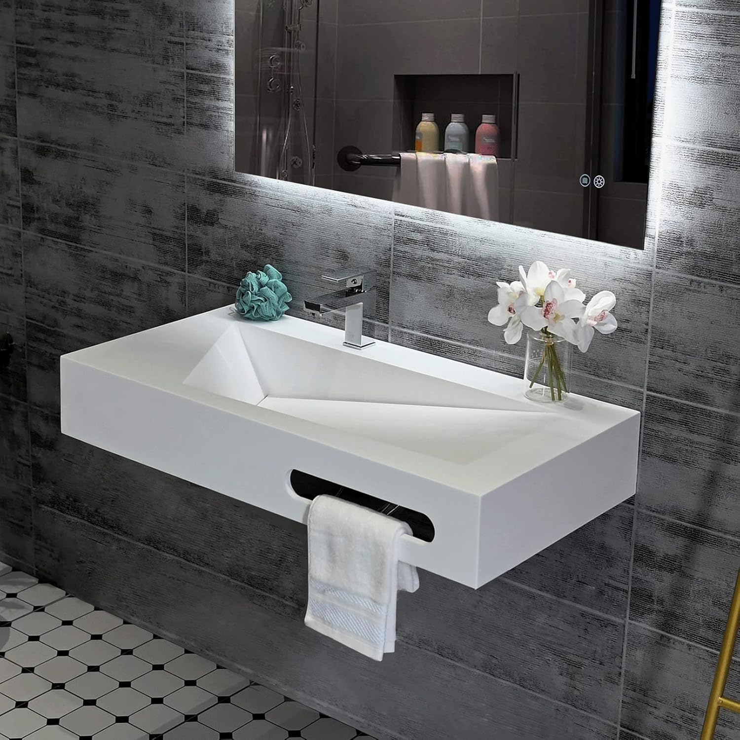 36"x19" Wall Mounted Bathroom Vanity with Sink Stone Resin Floating Vanity Basin Modern Rectangular Vessel White Trough