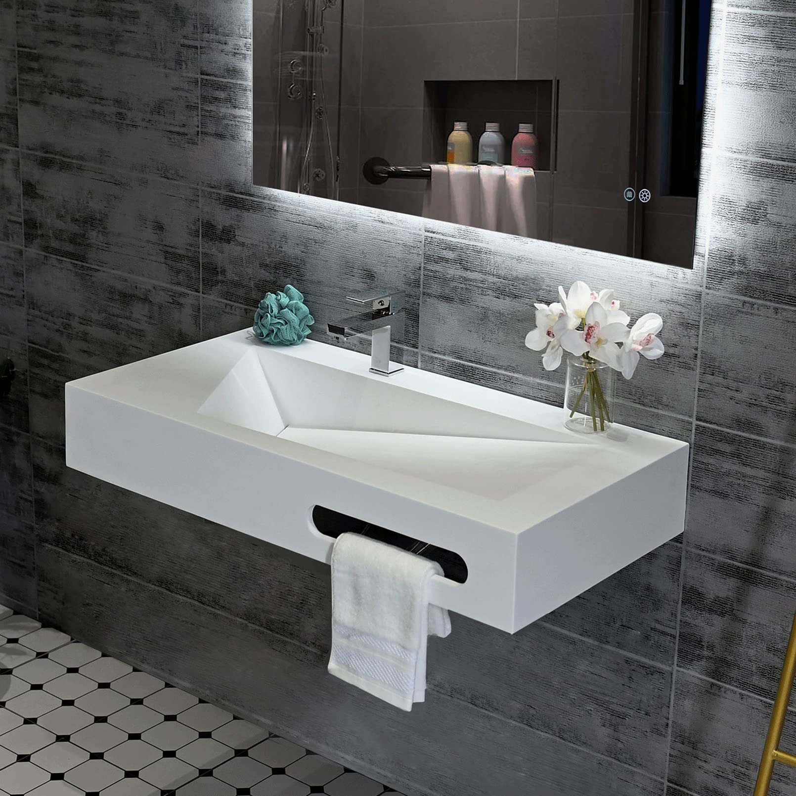 36"x19" Wall Mounted Bathroom Vanity with Sink Stone Resin Floating Vanity Basin Modern Rectangular Vessel White Trough