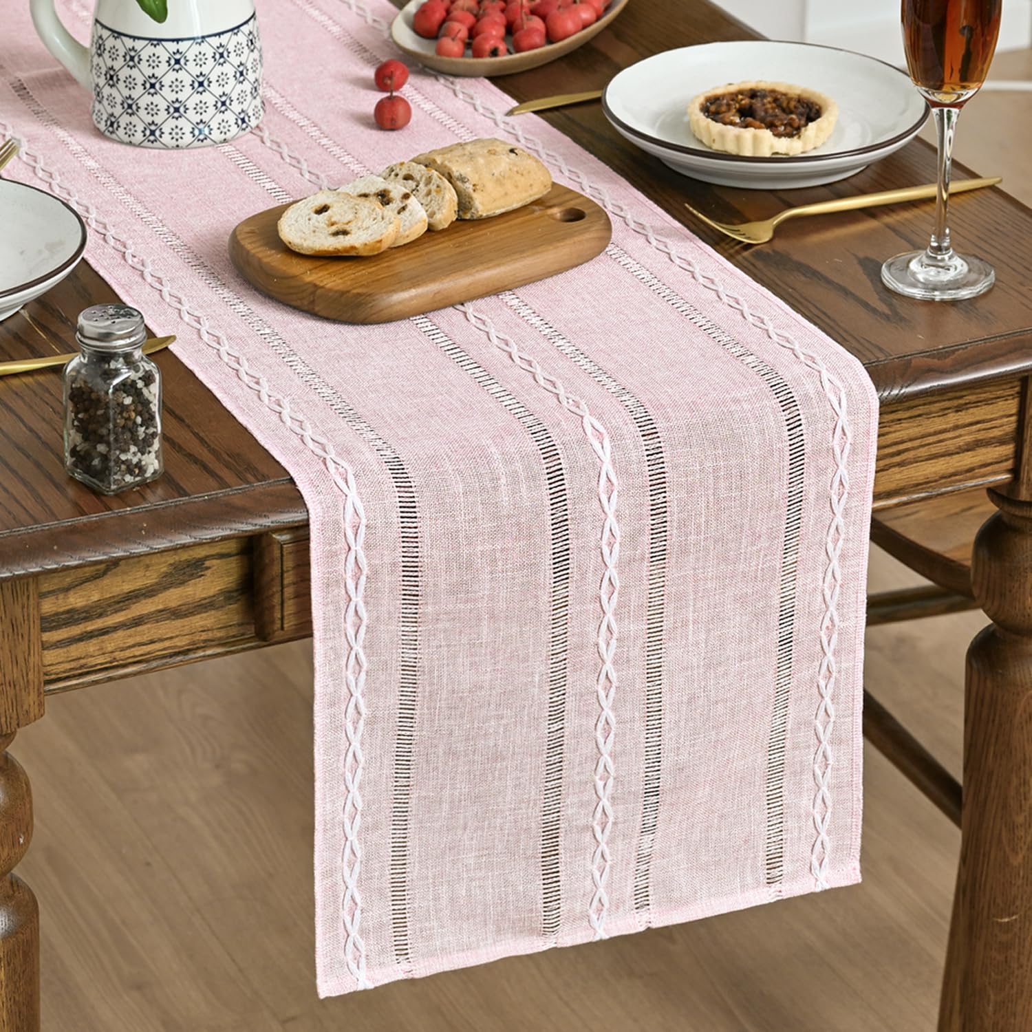 Artoid Mode Beige Rustic Cotton Linen Table Runner, Seasonal Embroidered Hollow Kitchen Dining Table Decoration for Home Party Decor 13x60 Inch