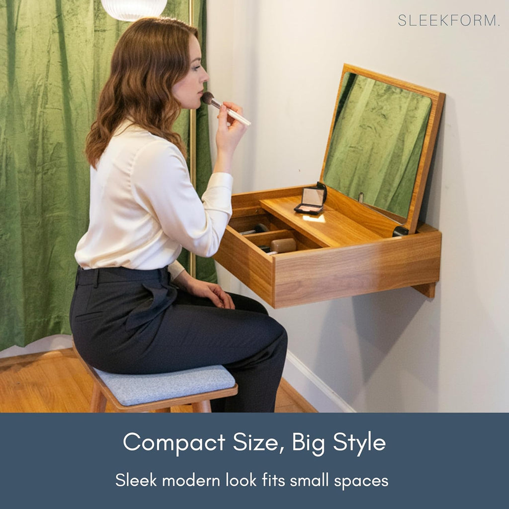 Sleekform Small Vanity Desk Dressing Table with Mirror & Chair - 18x20 Floating Vanity Makeup Table for Small Spaces, Wall Mounted Compact Make Up Tables with Flip Up Top, Nightstand Bedroom Vanities