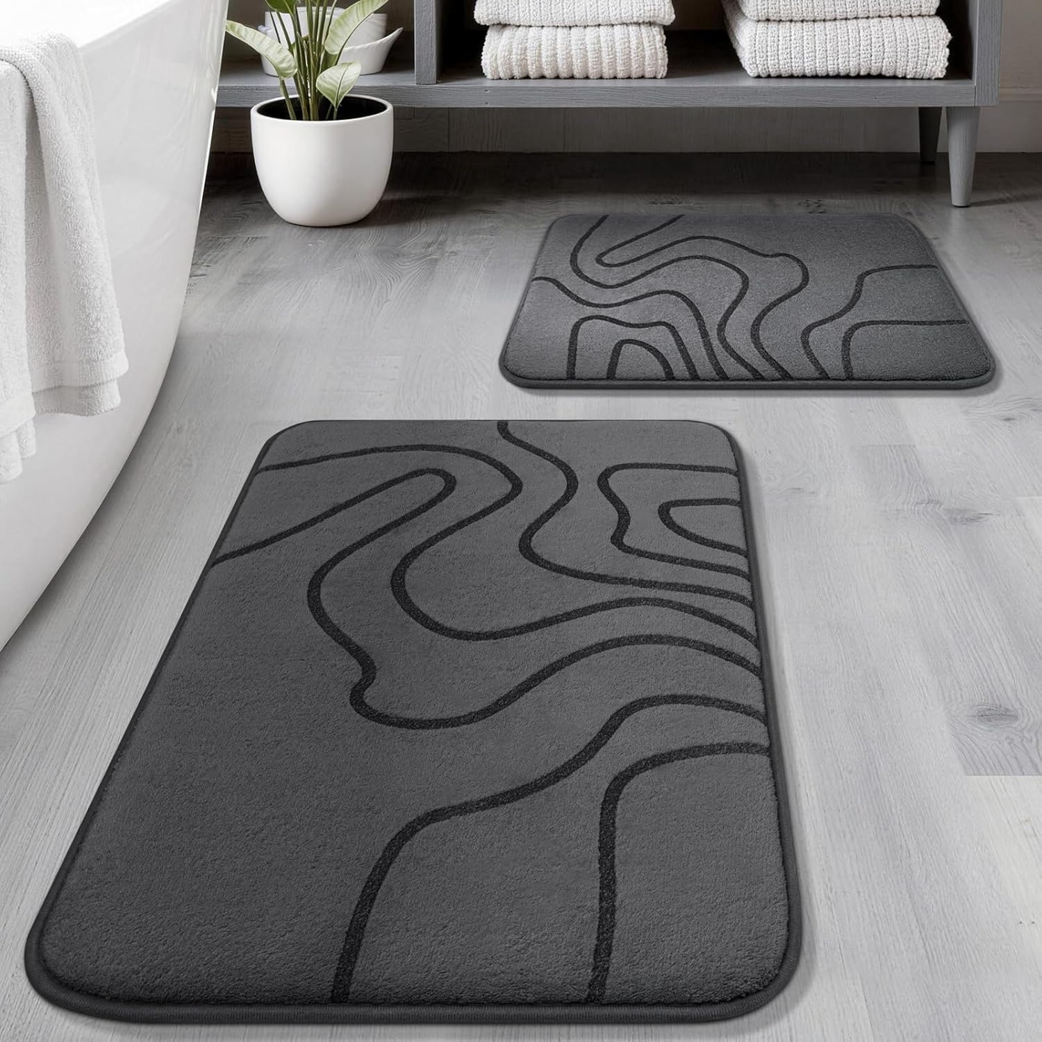 YIHOUSE Memory Foam Bathroom Rugs Sets 2 Piece - Extra Thick Ultra Soft Absorbent Bath Mat Set, Non-Slip Machine Washable Bath Rugs for Bathroom, Tub & Shower, Home Decor (32"x20"+24"x17", Dark Grey)