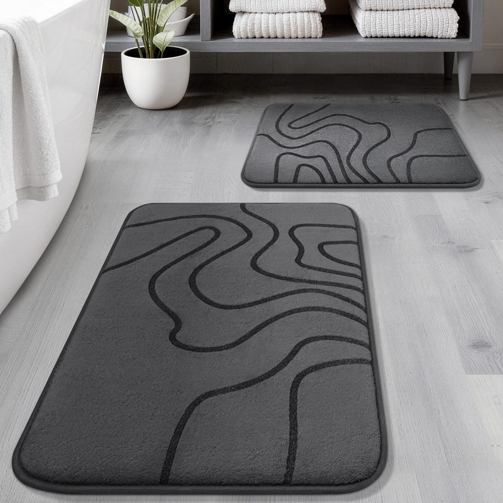 YIHOUSE Memory Foam Bathroom Rugs Sets 2 Piece - Extra Thick Ultra Soft Absorbent Bath Mat Set, Non-Slip Machine Washable Bath Rugs for Bathroom, Tub & Shower, Home Decor (32"x20"+24"x17", Dark Grey)