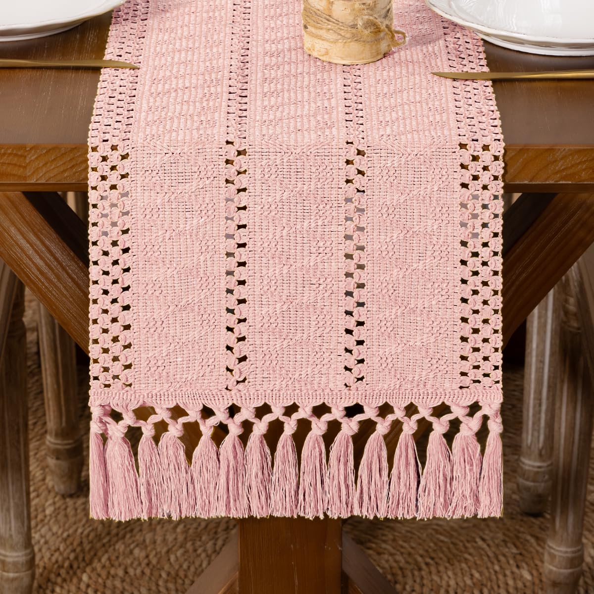 DeZerlor Boho Macrame Table Runner Farmhouse Woven Small Table Runner with Tassels 48 Inches Ivory& Burlap Brown Cotton Linen Kitchen Table Decor for Dining Dresser Home Tea Table Decor