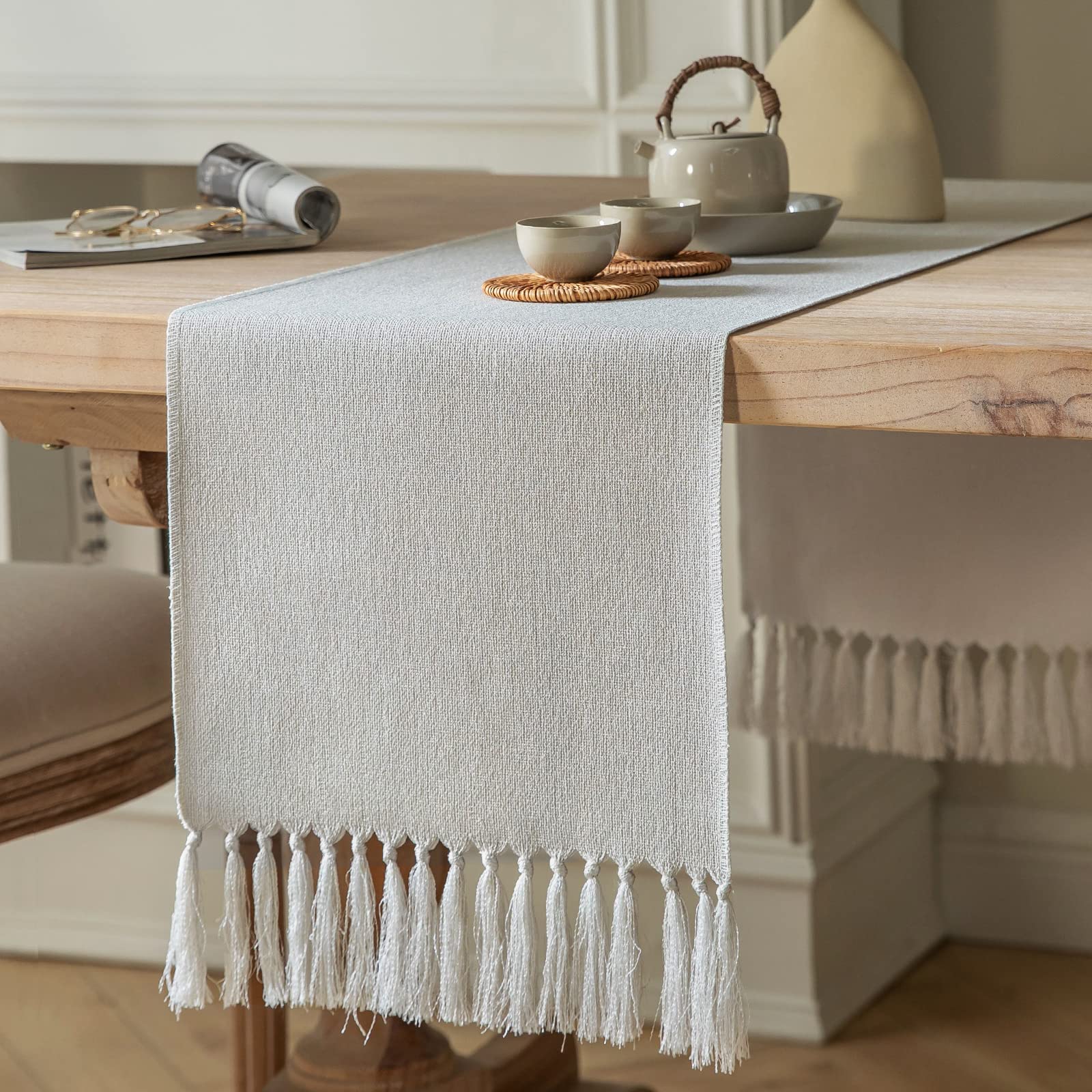 ZeeMart Beige Table Runners 72 Inches Long, Burlap Linen Style Rustic Farmhouse Table Runner, Boho Woven Dining Table Runner, 13x72 Inches, Oatmeal Beige