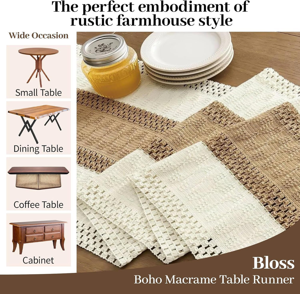Bloss Boho Table Runner 72 Inches Long Farmhouse Rustic Tables Runner, Cream & Brown Cotton Table Runner, Woven Easter Summer Tables Runners for Kitchen Dining Table Decor,Coffee Table & Living Room