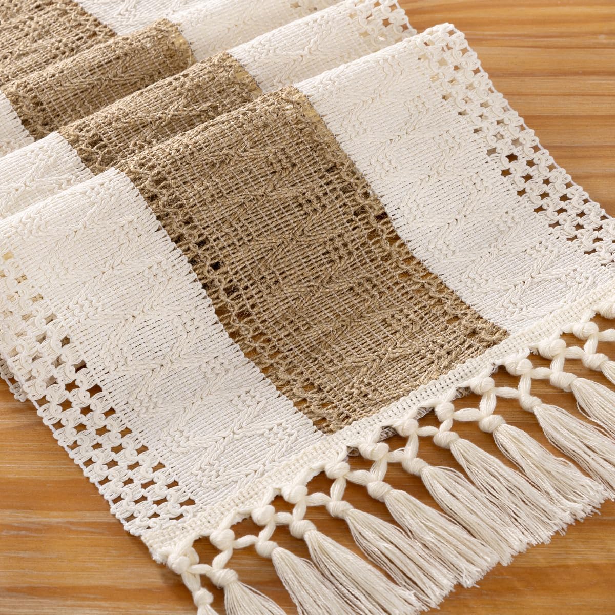 DeZerlor Boho Macrame Table Runner Farmhouse Woven Small Table Runner with Tassels 48 Inches Ivory& Burlap Brown Cotton Linen Kitchen Table Decor for Dining Dresser Home Tea Table Decor