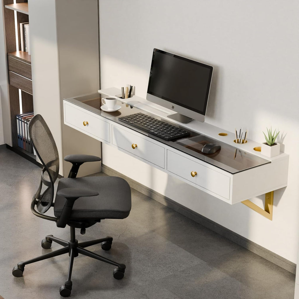 IEO 47" Floating Vanity Makeup Table,Wall Mounted Desk with 3 Drawers Storage,Hanging Floating Small Space Vanity Table for Bedroom, Dressing Room,Warm White