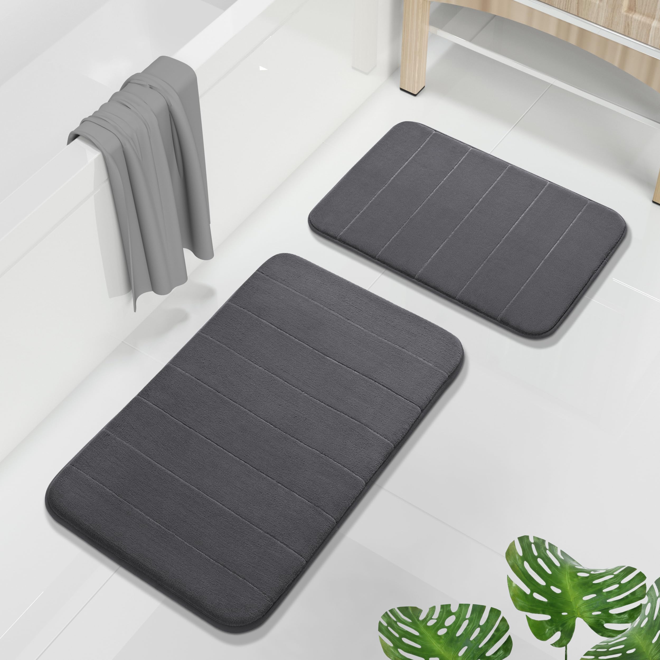 Yimobra U-Shaped Toilet Bath Mat Set 2 Piece - Super Soft Absorbent Quick Dry Memory Foam Bathroom Rugs, Machine Washable Non Slip Floor Carpet for Tub Shower & Single Sink (17x24 & 24x20, Gray)