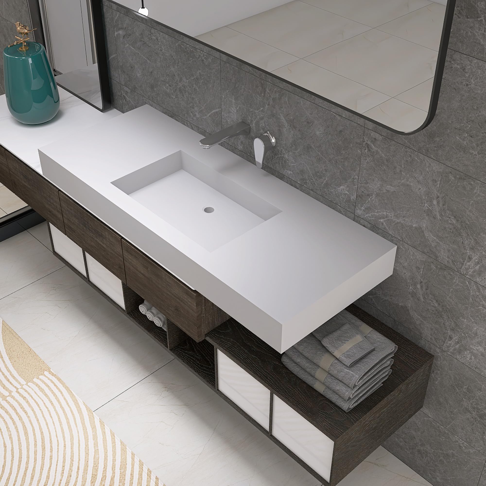 35'' Wall Mount Sink Matte Bathroom Vanity Vessel Sinks Artificial Stone Rectanglee Indoor Outdoors Modern Floating or Countertop Freestanding Wall Hang Sink Bowl (single Holes 35'')