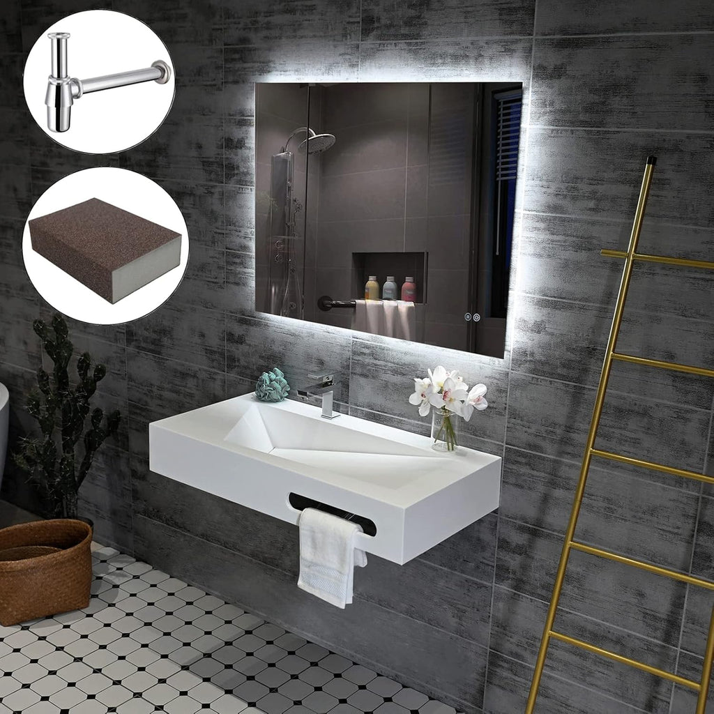 36"x19" Wall Mounted Bathroom Vanity with Sink Stone Resin Floating Vanity Basin Modern Rectangular Vessel White Trough