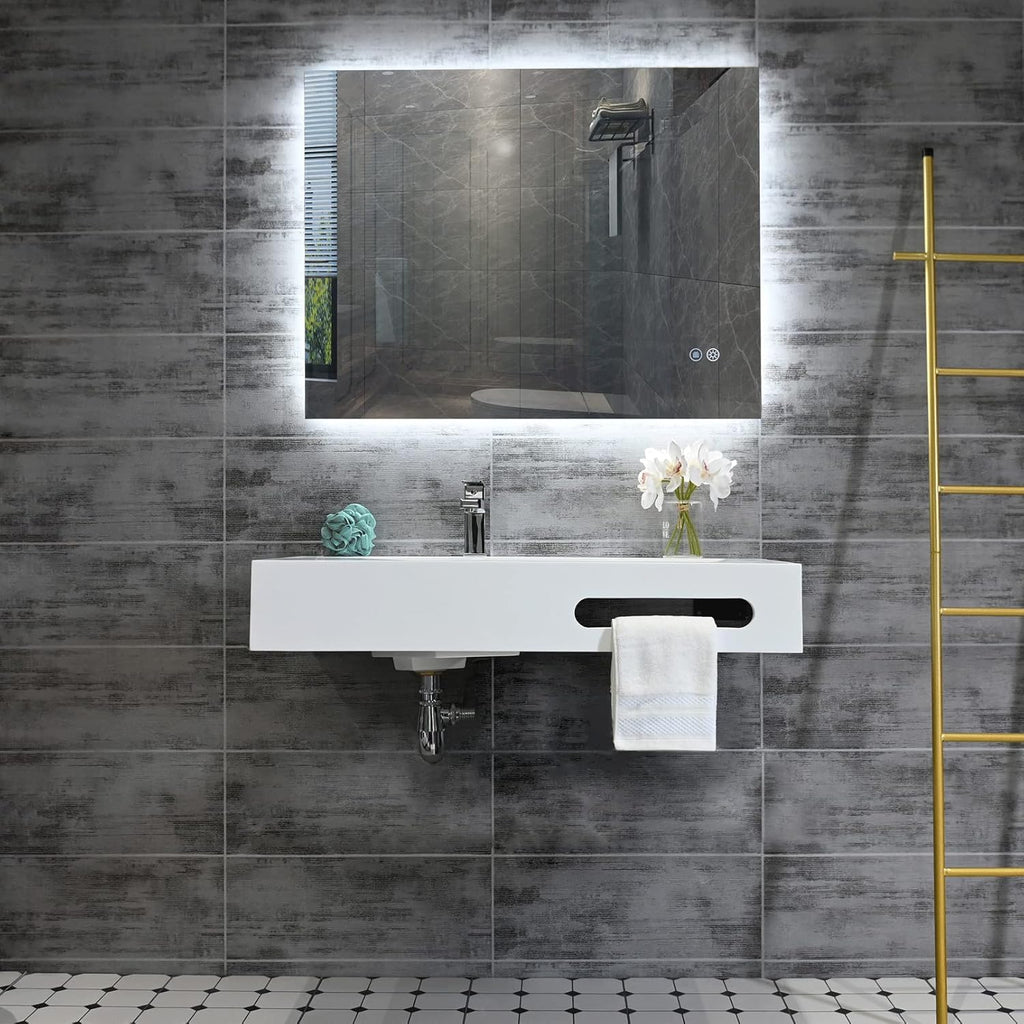36"x19" Wall Mounted Bathroom Vanity with Sink Stone Resin Floating Vanity Basin Modern Rectangular Vessel White Trough