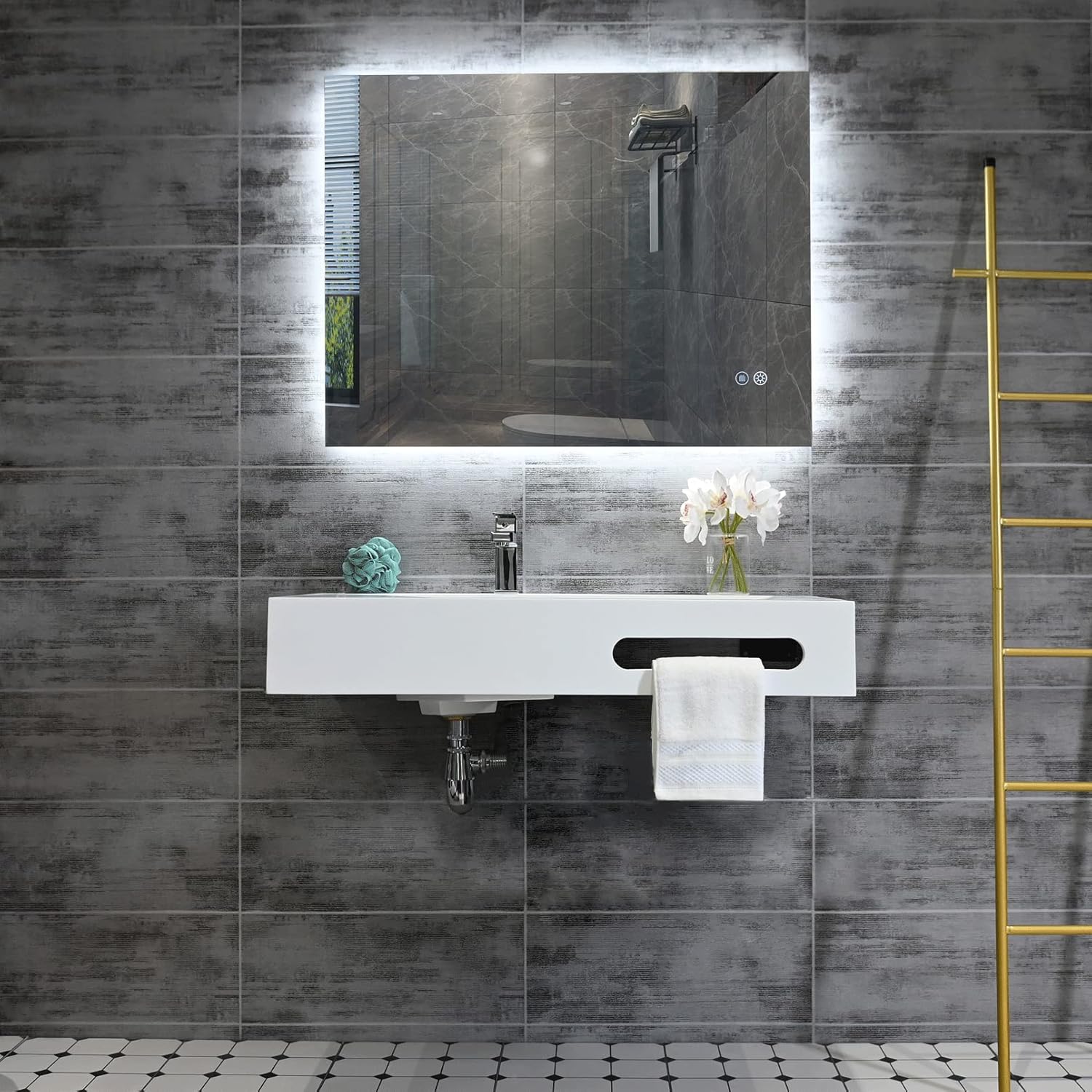 36"x19" Wall Mounted Bathroom Vanity with Sink Stone Resin Floating Vanity Basin Modern Rectangular Vessel White Trough