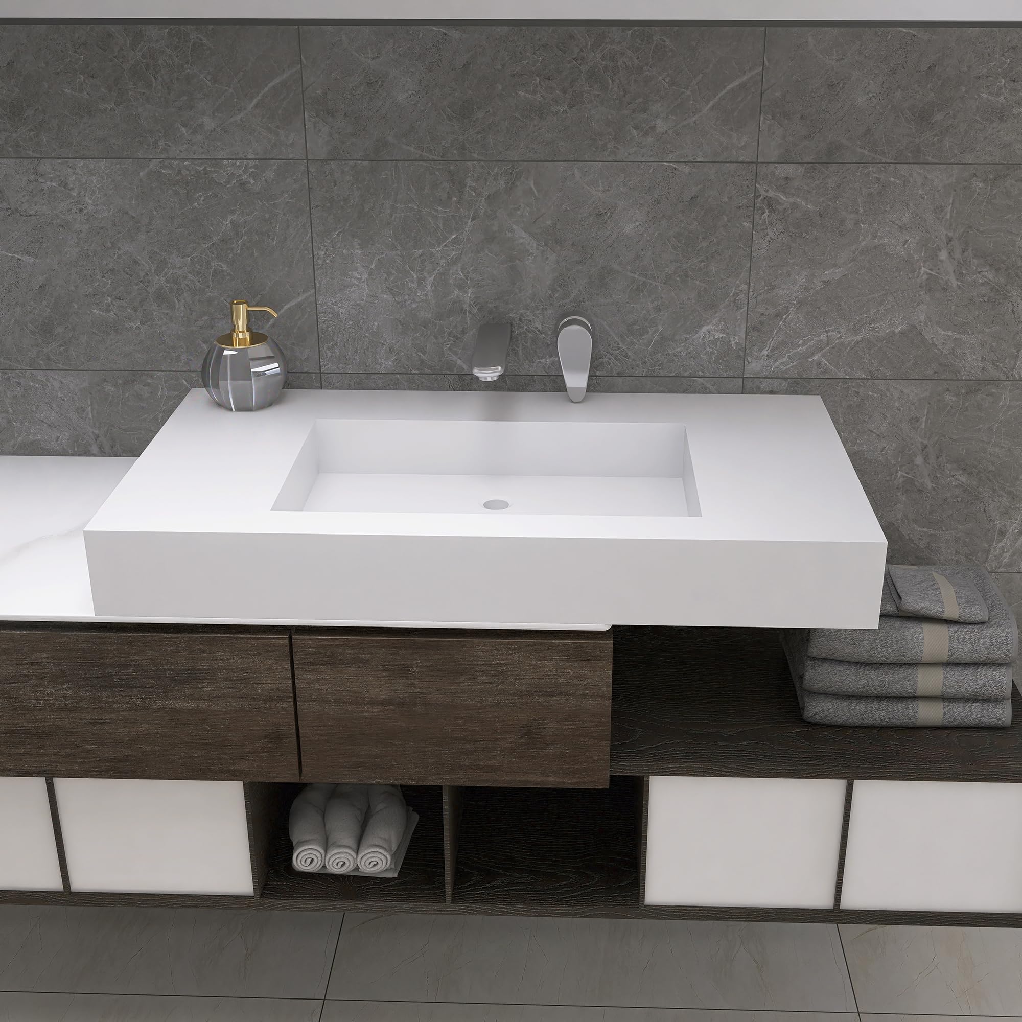 35'' Wall Mount Sink Matte Bathroom Vanity Vessel Sinks Artificial Stone Rectanglee Indoor Outdoors Modern Floating or Countertop Freestanding Wall Hang Sink Bowl (single Holes 35'')