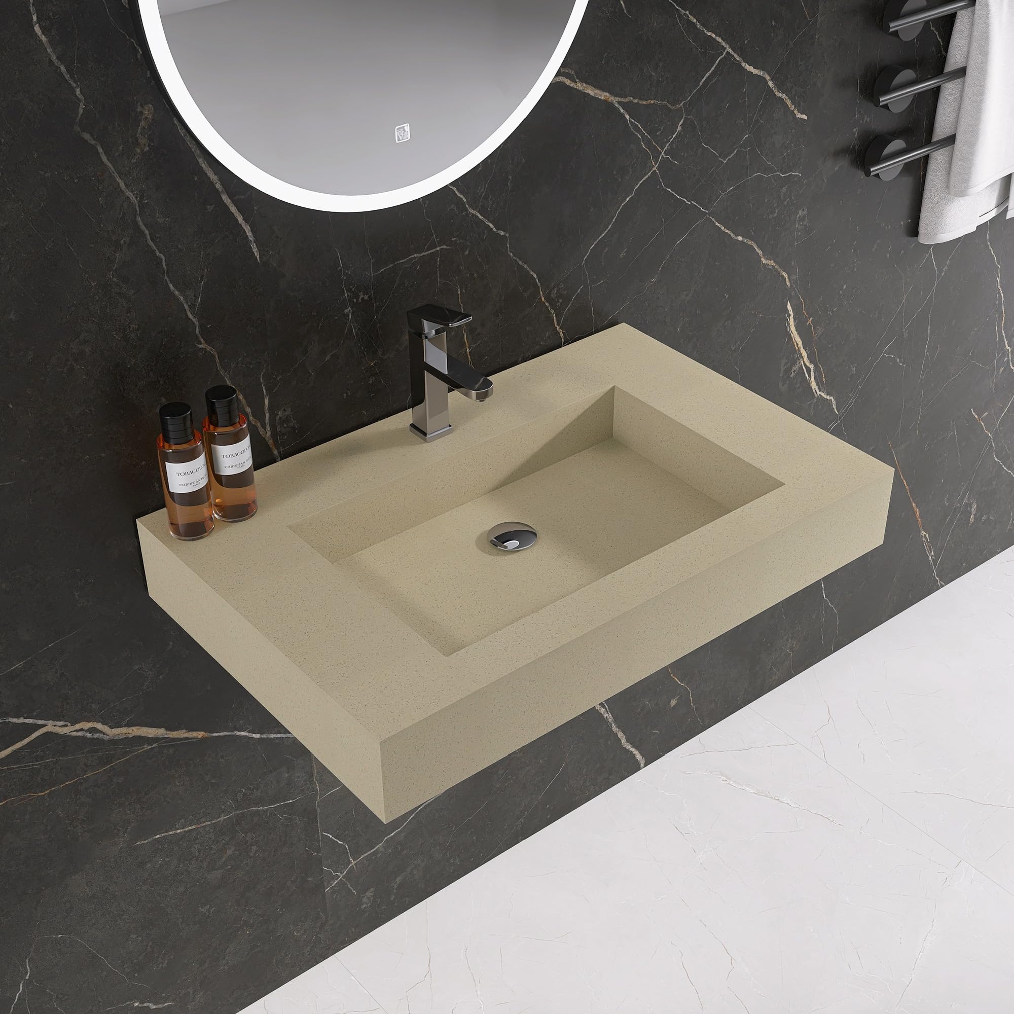 35'' Wall Mount Sink Matte Bathroom Vanity Vessel Sinks Artificial Stone Rectanglee Indoor Outdoors Modern Floating or Countertop Freestanding Wall Hang Sink Bowl (single Holes 35'')