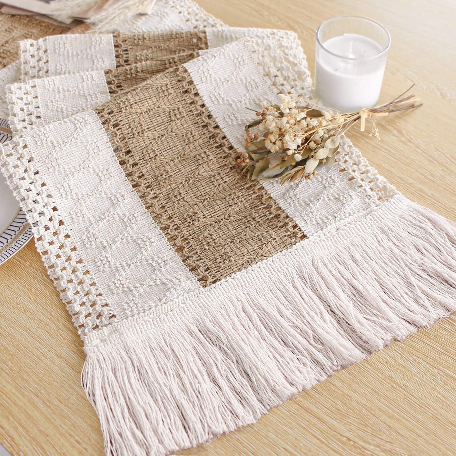 FEXIA Boho Table Runner with Tassels for Summer Home Decor Farmhouse Rustic Burlap Table Decoration for Living Room Dining Room Graduation Decor (12x72 Inches)