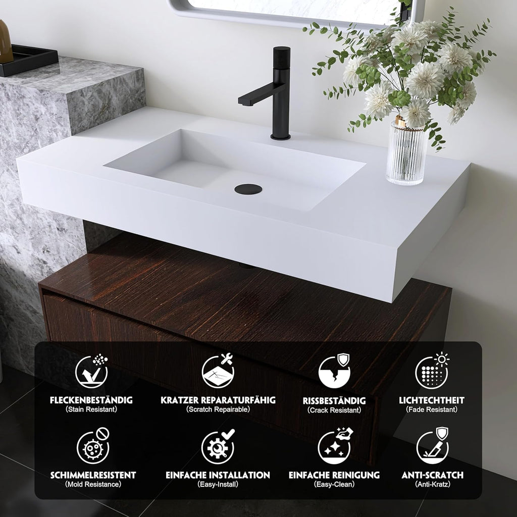 35'' Wall Mount Sink Matte Bathroom Vanity Vessel Sinks Artificial Stone Rectanglee Indoor Outdoors Modern Floating or Countertop Freestanding Wall Hang Sink Bowl (single Holes 35'')