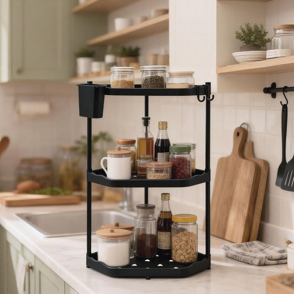3-Tier Kitchen Counter Organizer & Corner Shelf with Hooks, Storage Box – Bathroom Countertop Shelf, Multi-Space 3-Tier Organizer for Kitchen, Bathroom