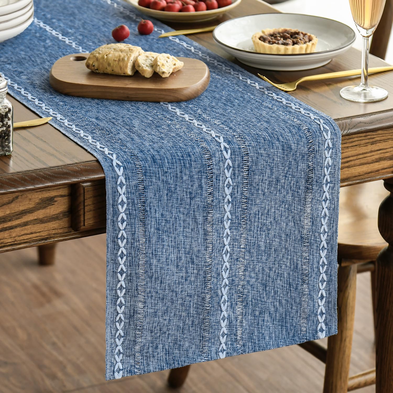 Artoid Mode Beige Rustic Cotton Linen Table Runner, Seasonal Embroidered Hollow Kitchen Dining Table Decoration for Home Party Decor 13x60 Inch