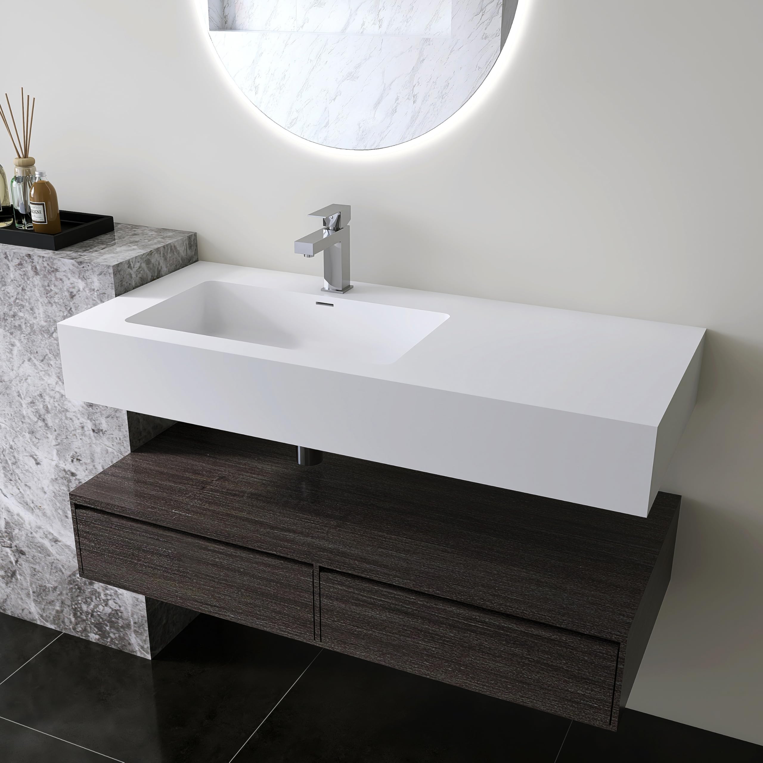 35'' Wall Mount Sink Matte Bathroom Vanity Vessel Sinks Artificial Stone Rectanglee Indoor Outdoors Modern Floating or Countertop Freestanding Wall Hang Sink Bowl (single Holes 35'')