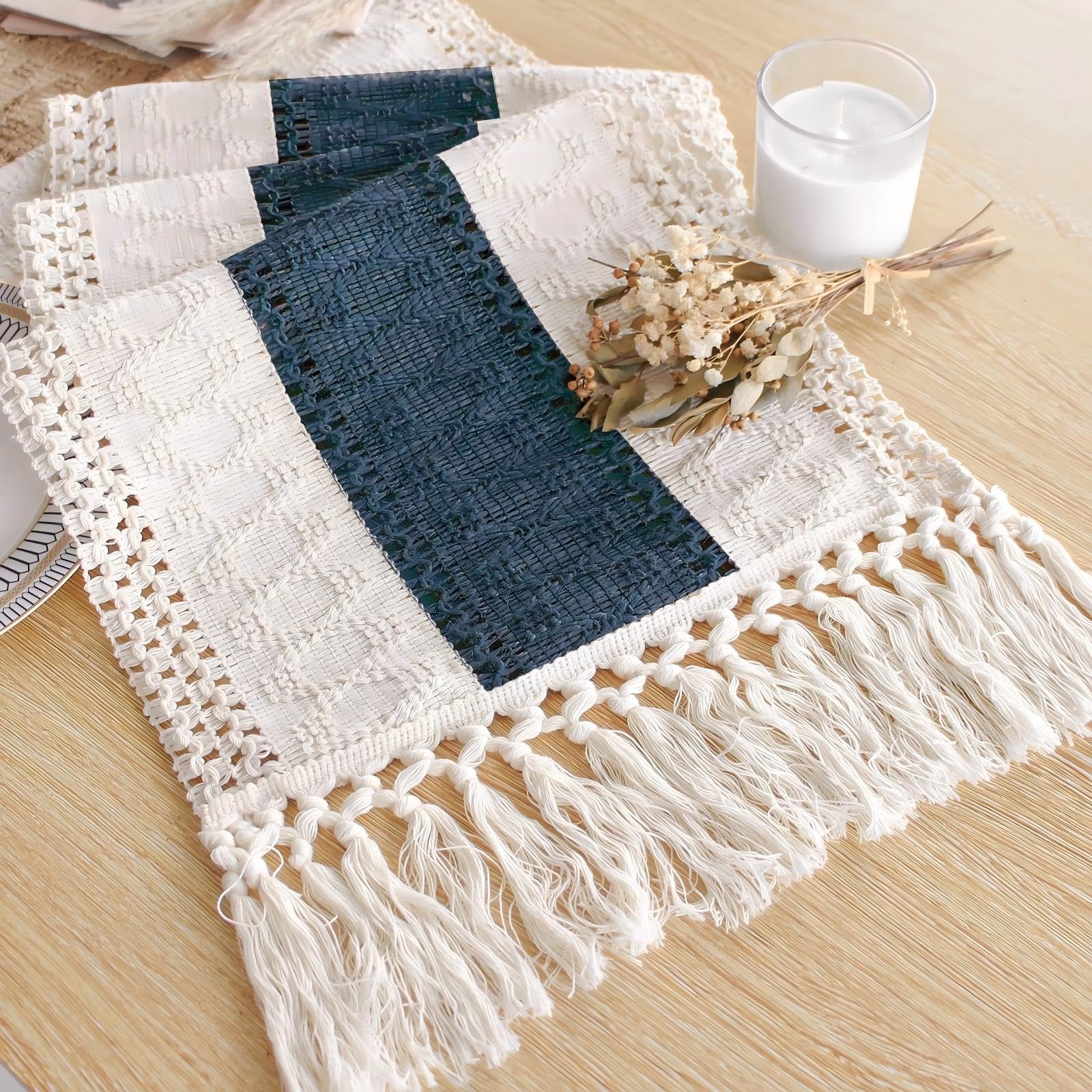 FEXIA Boho Table Runner with Tassels for Summer Home Decor Farmhouse Rustic Burlap Table Decoration for Living Room Dining Room Graduation Decor (12x72 Inches)