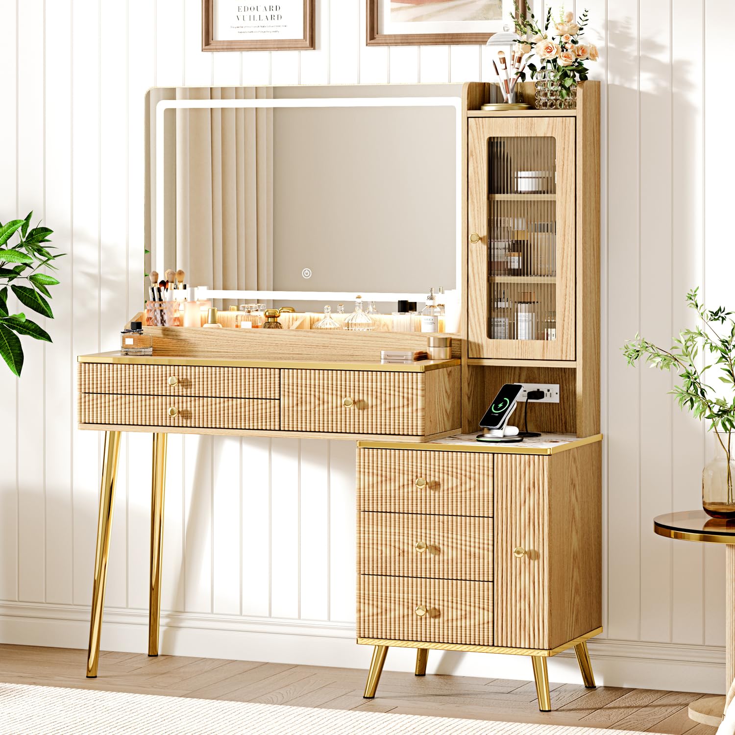 Arulvmrn Vanity Desk with 29.53" HD Lighted Mirror, 47.24" Big Modern Vanity Desk with Mirror and Lights, Makeup Vanity with 5 Drawers and Storage Shelves and Charging Station,Brown