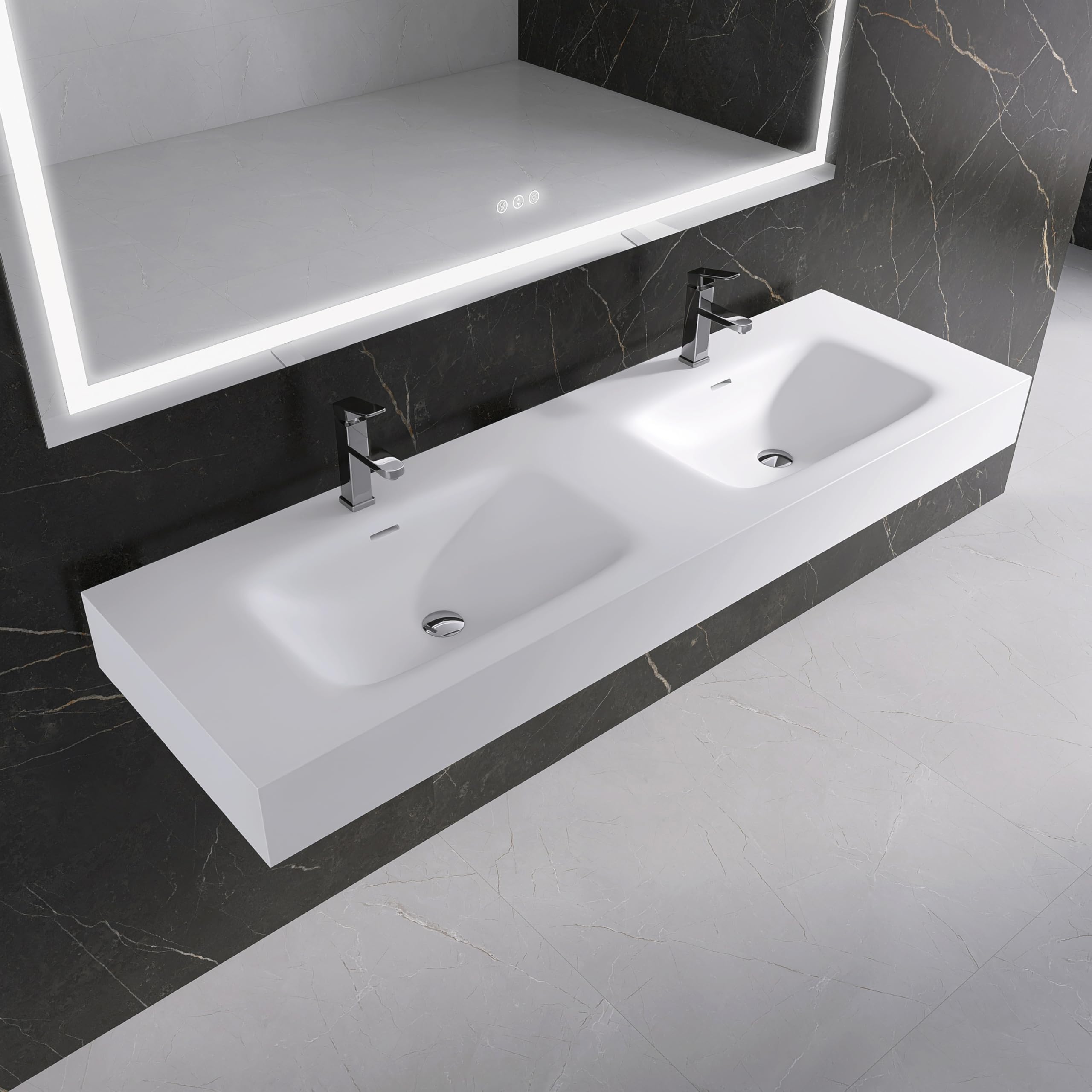 35'' Wall Mount Sink Matte Bathroom Vanity Vessel Sinks Artificial Stone Rectanglee Indoor Outdoors Modern Floating or Countertop Freestanding Wall Hang Sink Bowl (single Holes 35'')