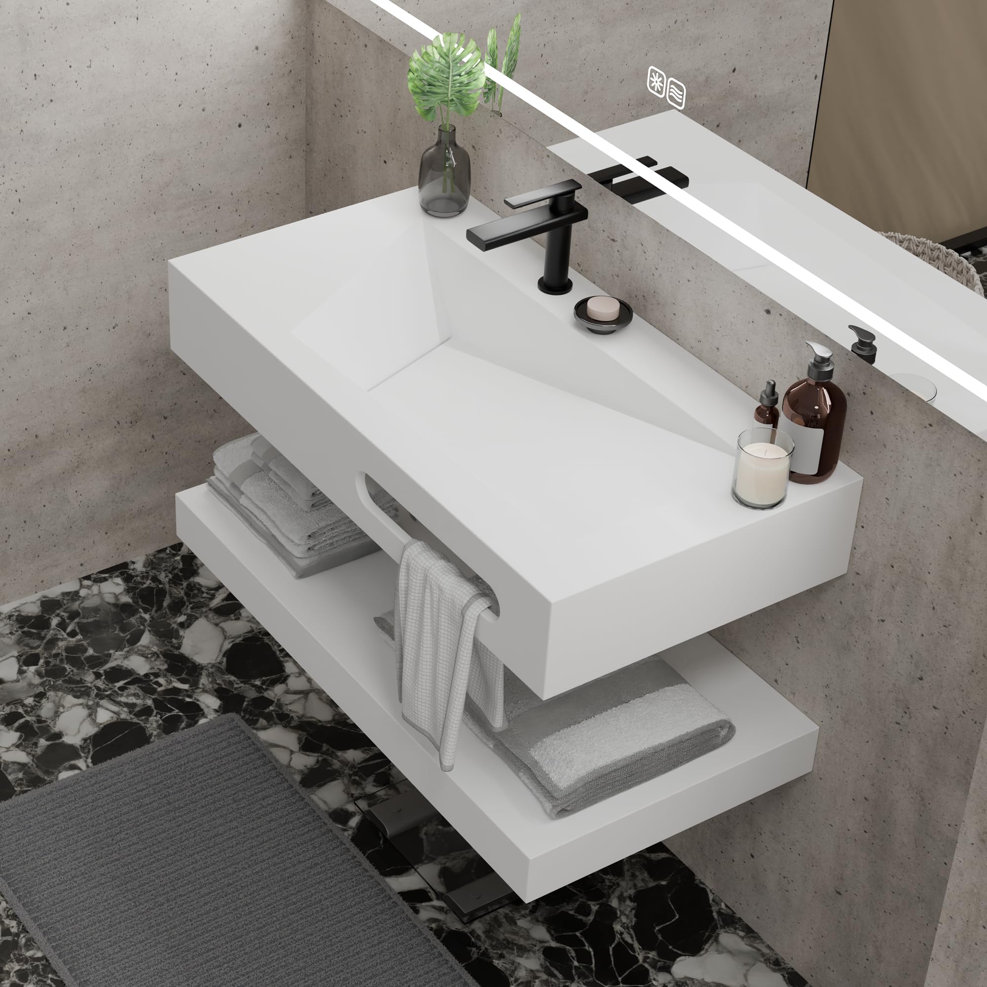 QJ&XY Resin Bathroom Sink 48" Wall Mounted V-Shaped White Basin with Towel Rack, Floating Vanity Sink in Soft-Touch Finish (Double Tier)