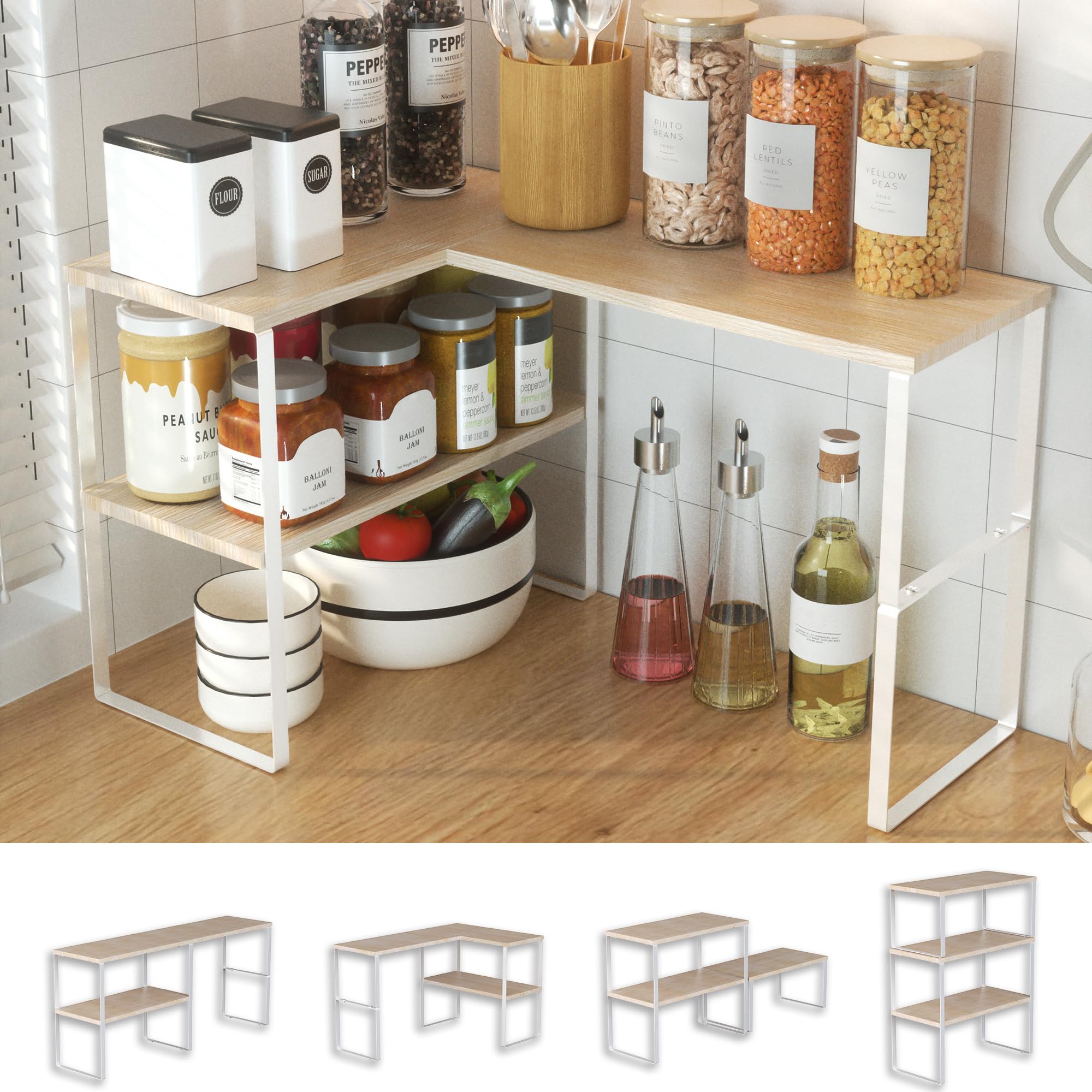Golener Countertop Organizer Corner Shelf, 2-Tier Adjustable Stackable Corner Shelves for Kitchen, Spice Rack, Coffee Area, Over Sink, Bathroom, Dresser Table, Corner Counter Shelf Stand, Rustic Brown