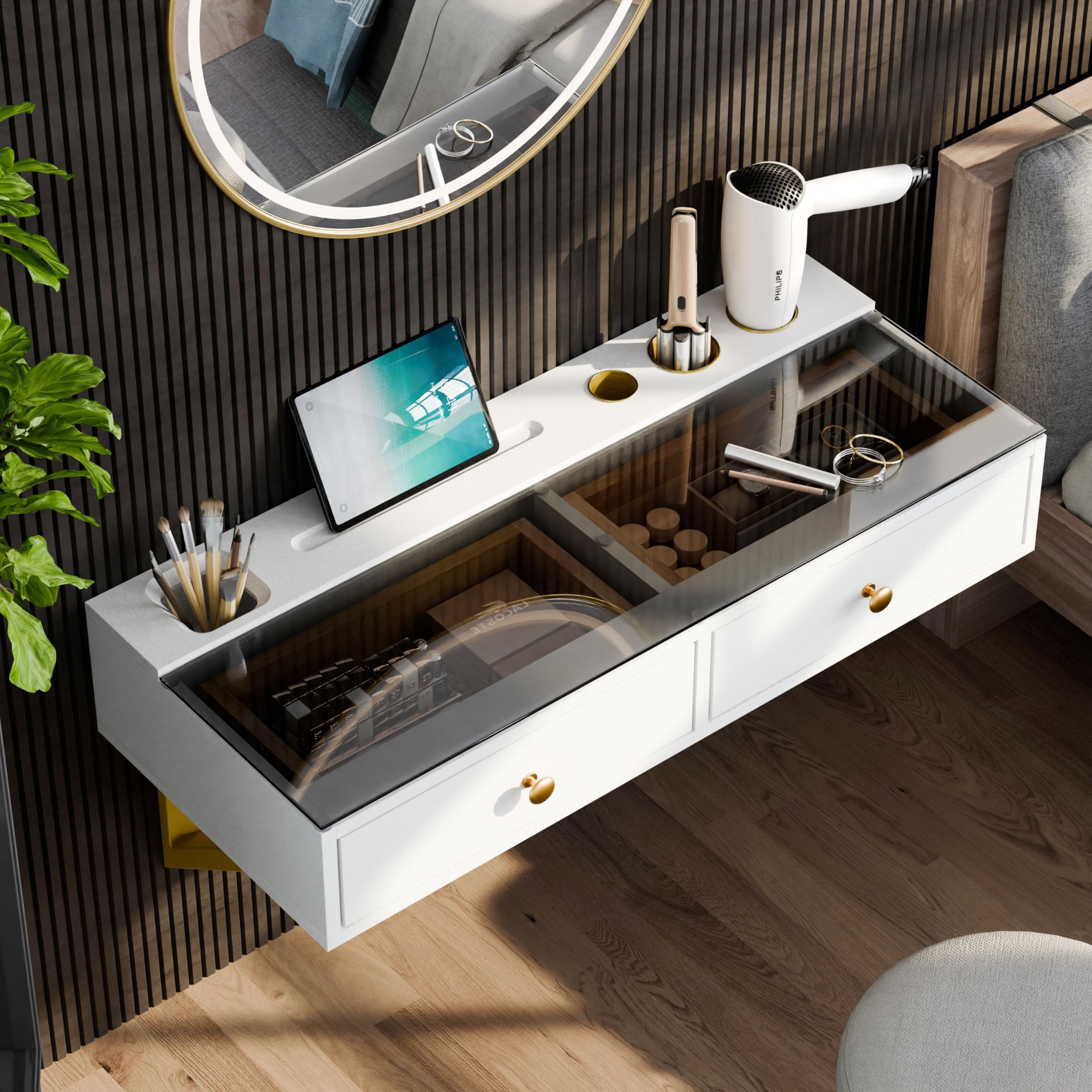 IEO 47" Floating Vanity Makeup Table,Wall Mounted Desk with 3 Drawers Storage,Hanging Floating Small Space Vanity Table for Bedroom, Dressing Room,Warm White