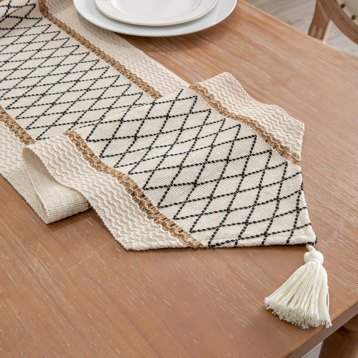 Table Runner, Boho Style with Tassels, Cotton & Linen, Farmhouse Home Decor for Living Room Dresser Scarfs (12x60Inch, Black & Beige)