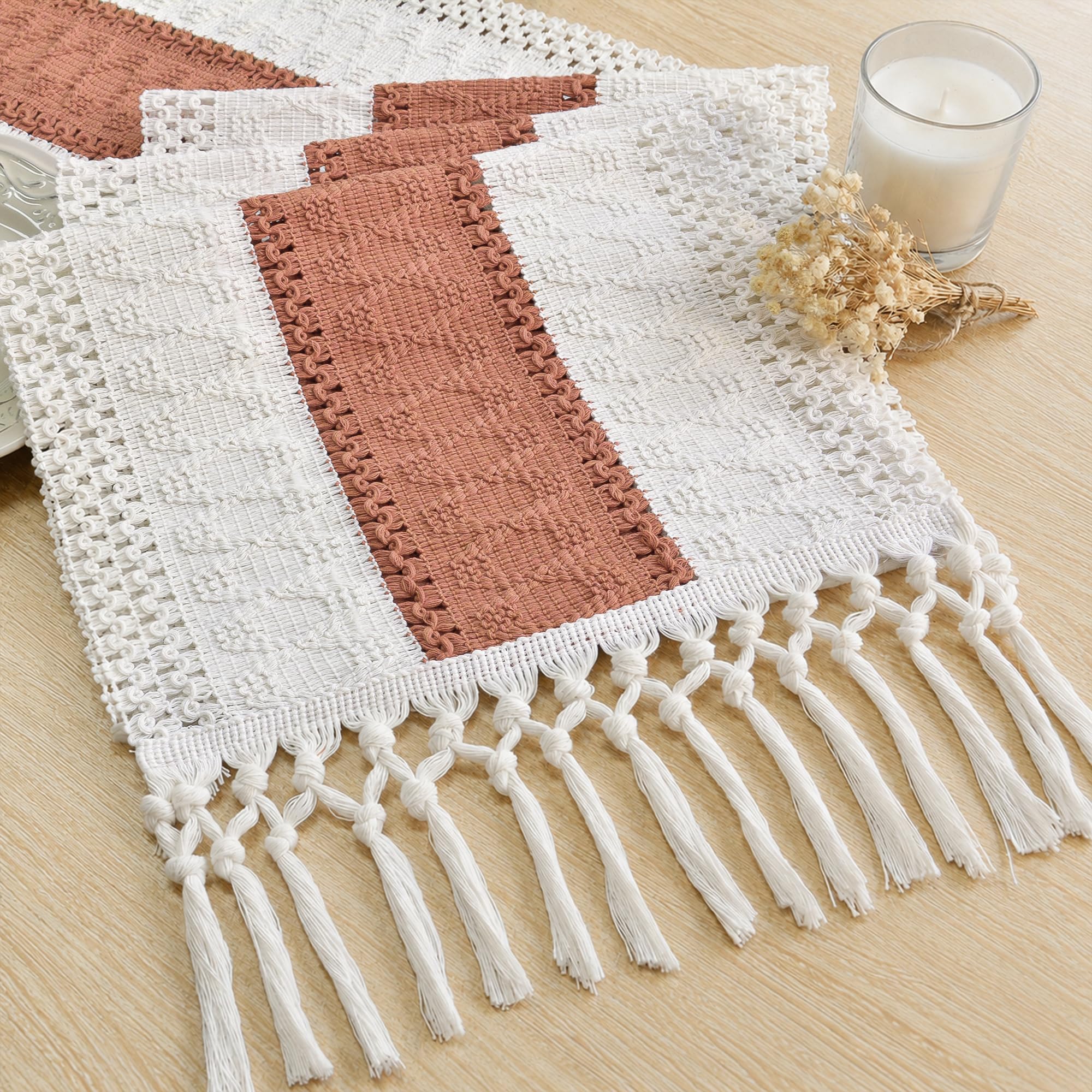 FEXIA Boho Table Runner with Tassels for Summer Home Decor Farmhouse Rustic Burlap Table Decoration for Living Room Dining Room Graduation Decor (12x72 Inches)