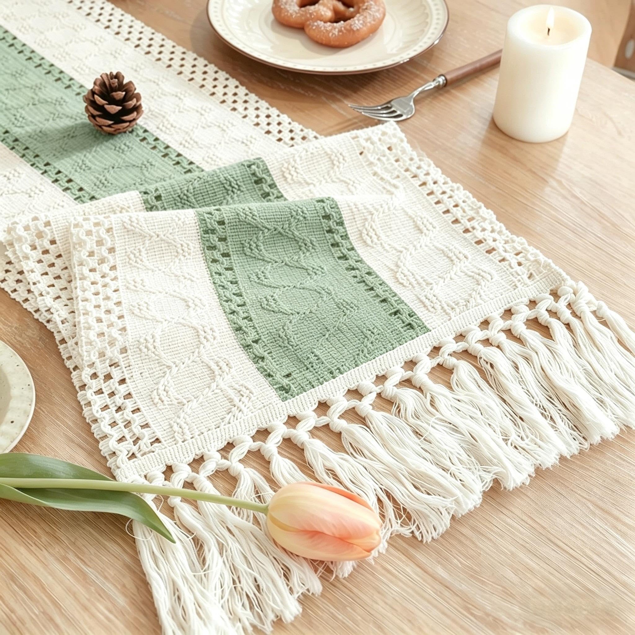 Boho Table Runner for Home Decor with Tassels 120 Inches Long Farmhouse Rustic Cream & Brown Table Runner Macrame Burlap Table Decoration for Living Room Bridal Shower(12x120 in, Fringe Included)