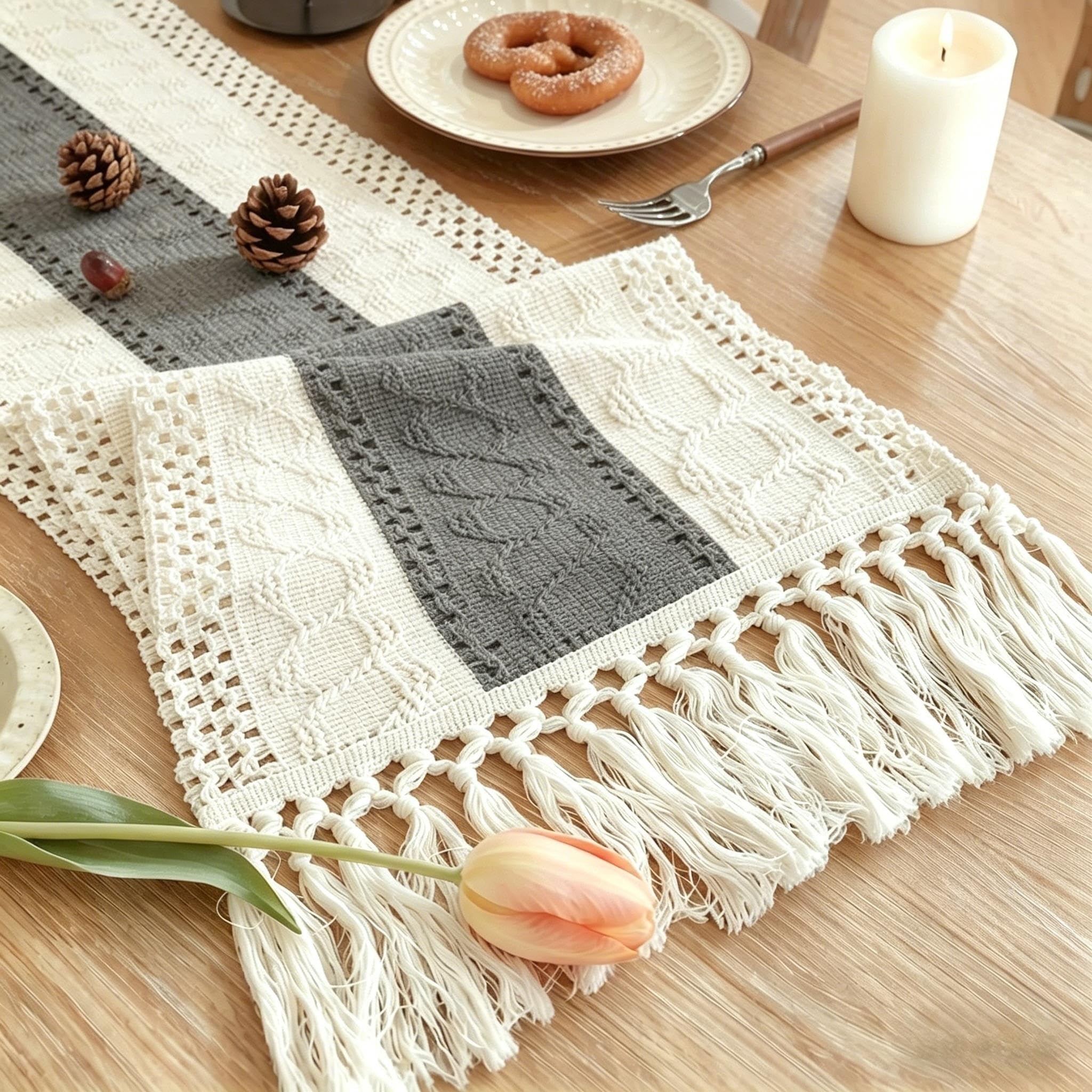 Boho Table Runner for Home Decor with Tassels 120 Inches Long Farmhouse Rustic Cream & Brown Table Runner Macrame Burlap Table Decoration for Living Room Bridal Shower(12x120 in, Fringe Included)