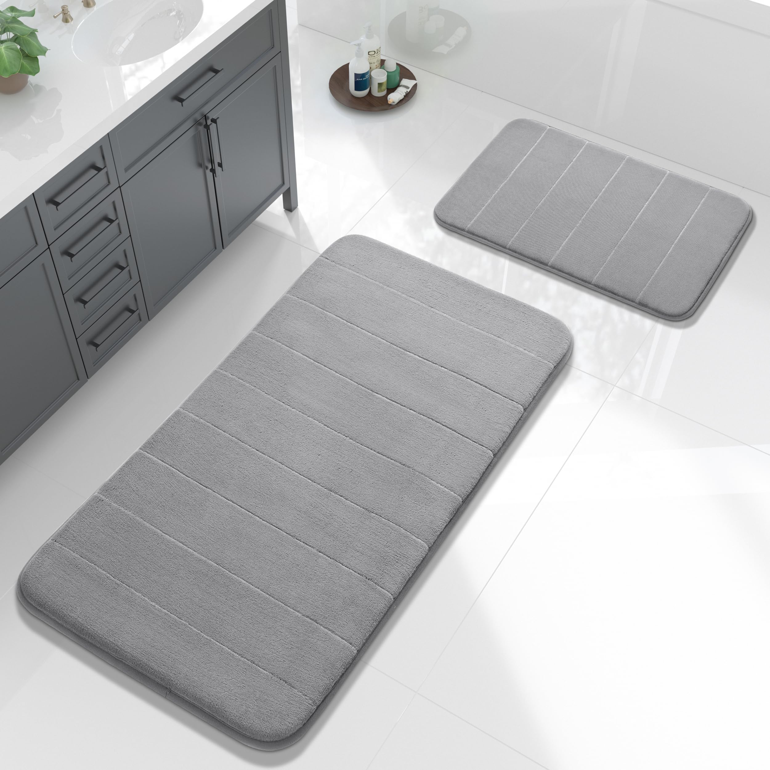 Yimobra U-Shaped Toilet Bath Mat Set 2 Piece - Super Soft Absorbent Quick Dry Memory Foam Bathroom Rugs, Machine Washable Non Slip Floor Carpet for Tub Shower & Single Sink (17x24 & 24x20, Gray)