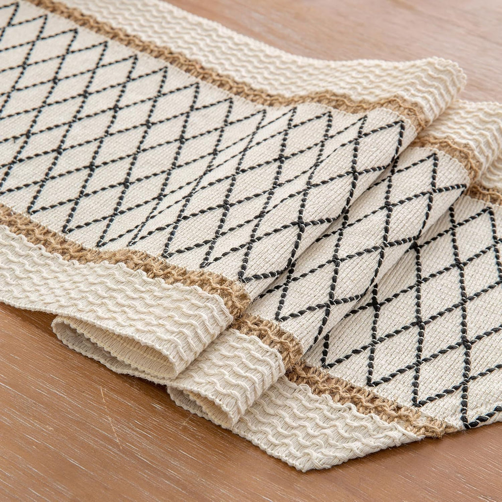Table Runner, Boho Style with Tassels, Cotton & Linen, Farmhouse Home Decor for Living Room Dresser Scarfs (12x60Inch, Black & Beige)