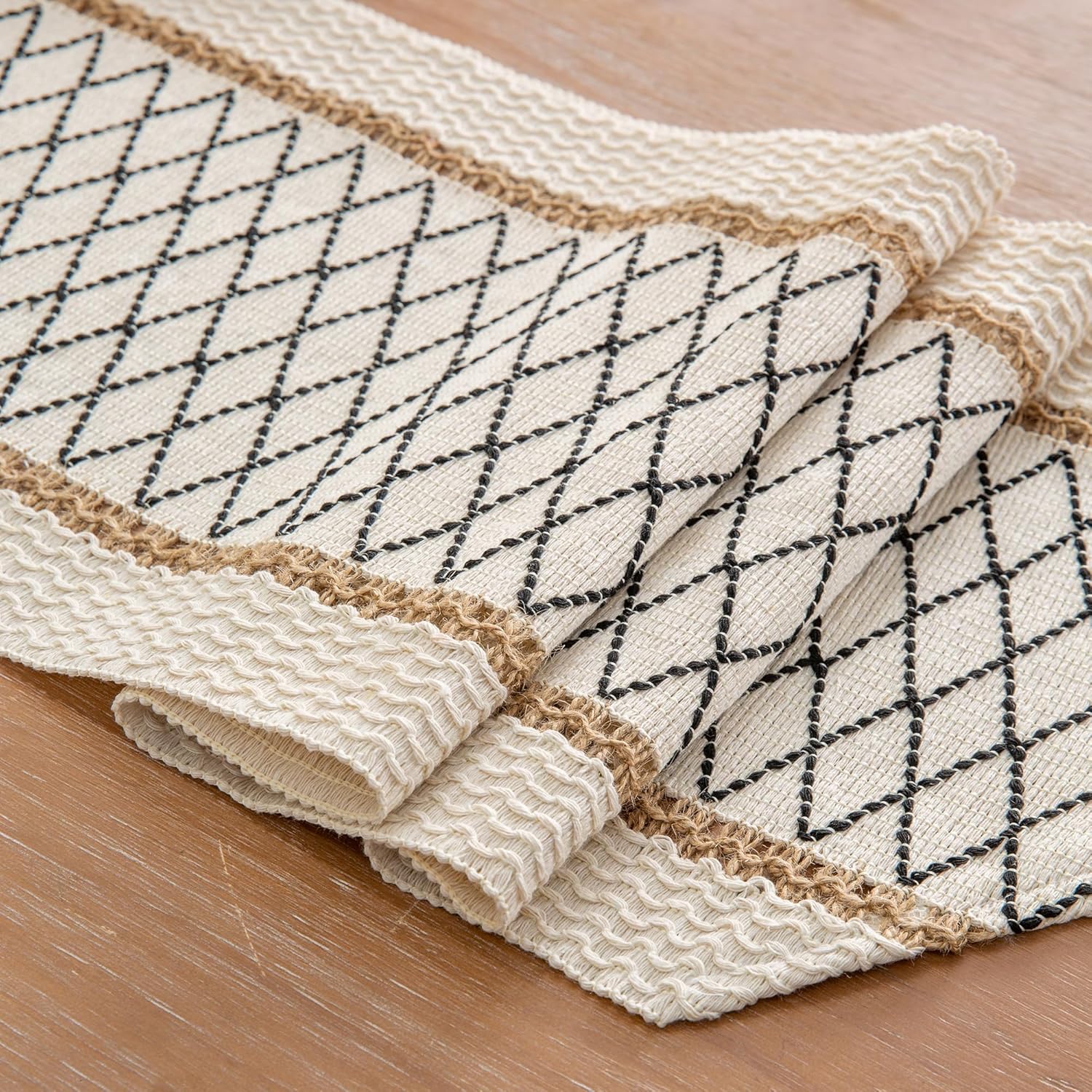 Table Runner, Boho Style with Tassels, Cotton & Linen, Farmhouse Home Decor for Living Room Dresser Scarfs (12x60Inch, Black & Beige)