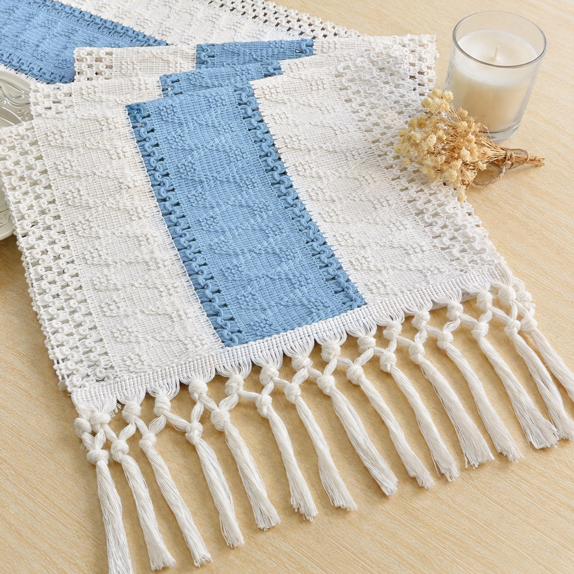 FEXIA Boho Table Runner with Tassels for Summer Home Decor Farmhouse Rustic Burlap Table Decoration for Living Room Dining Room Graduation Decor (12x72 Inches)