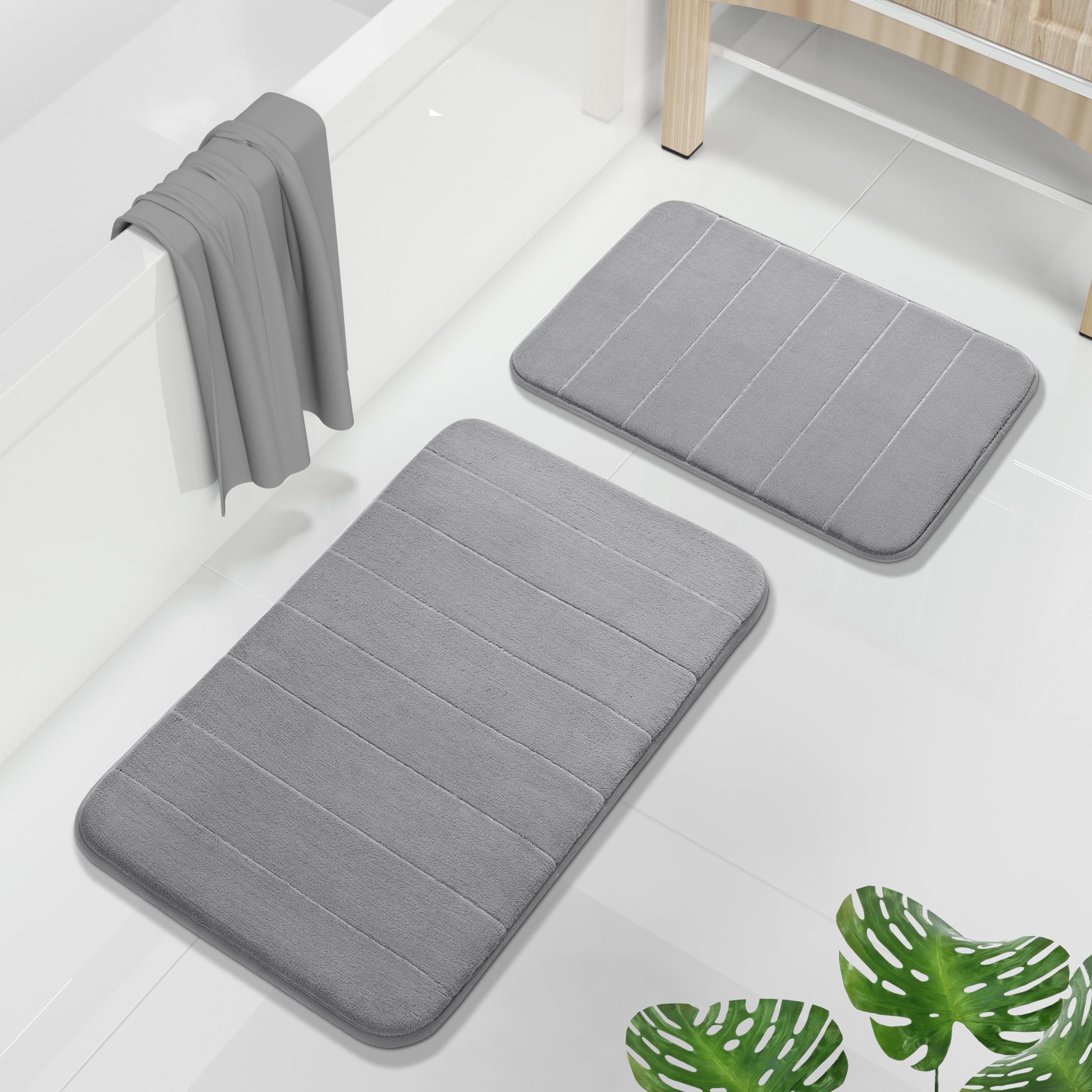 Yimobra U-Shaped Toilet Bath Mat Set 2 Piece - Super Soft Absorbent Quick Dry Memory Foam Bathroom Rugs, Machine Washable Non Slip Floor Carpet for Tub Shower & Single Sink (17x24 & 24x20, Gray)