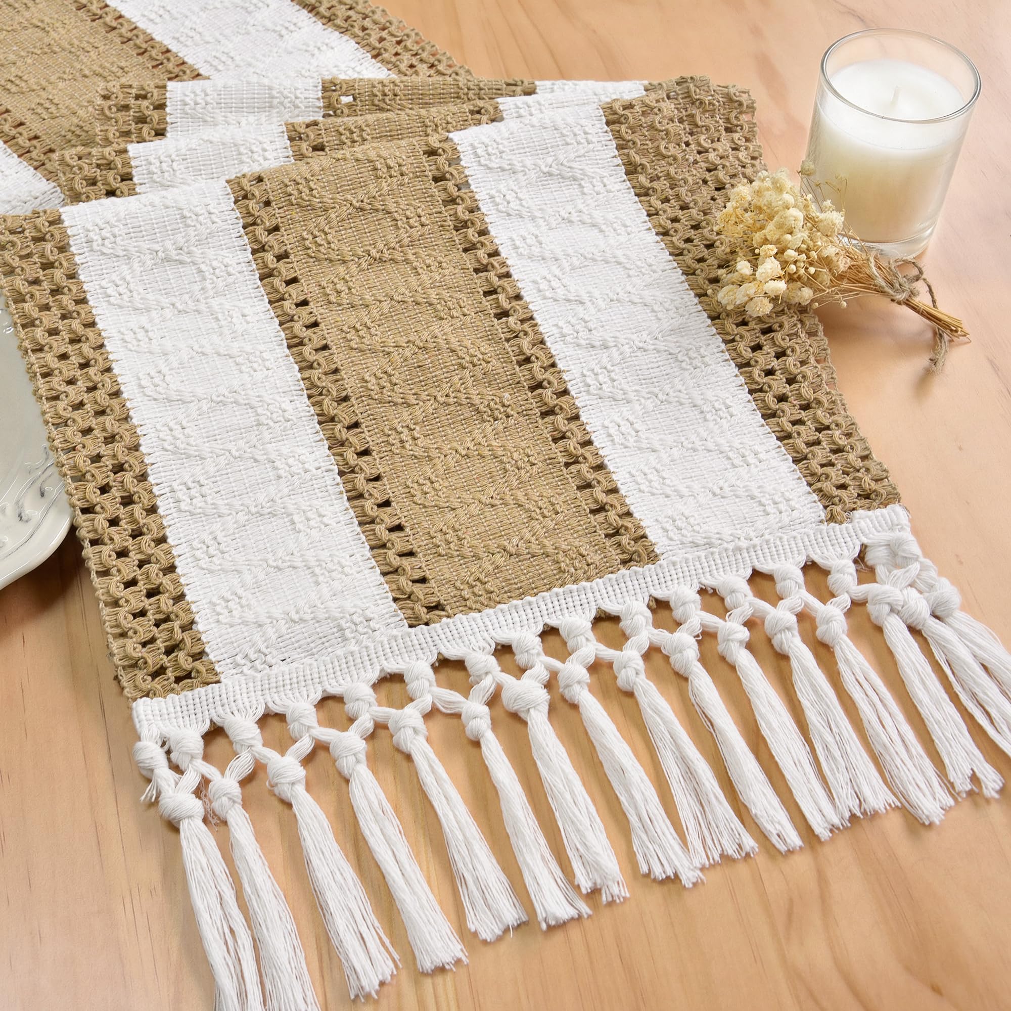 FEXIA Boho Table Runner with Tassels for Summer Home Decor Farmhouse Rustic Burlap Table Decoration for Living Room Dining Room Graduation Decor (12x72 Inches)