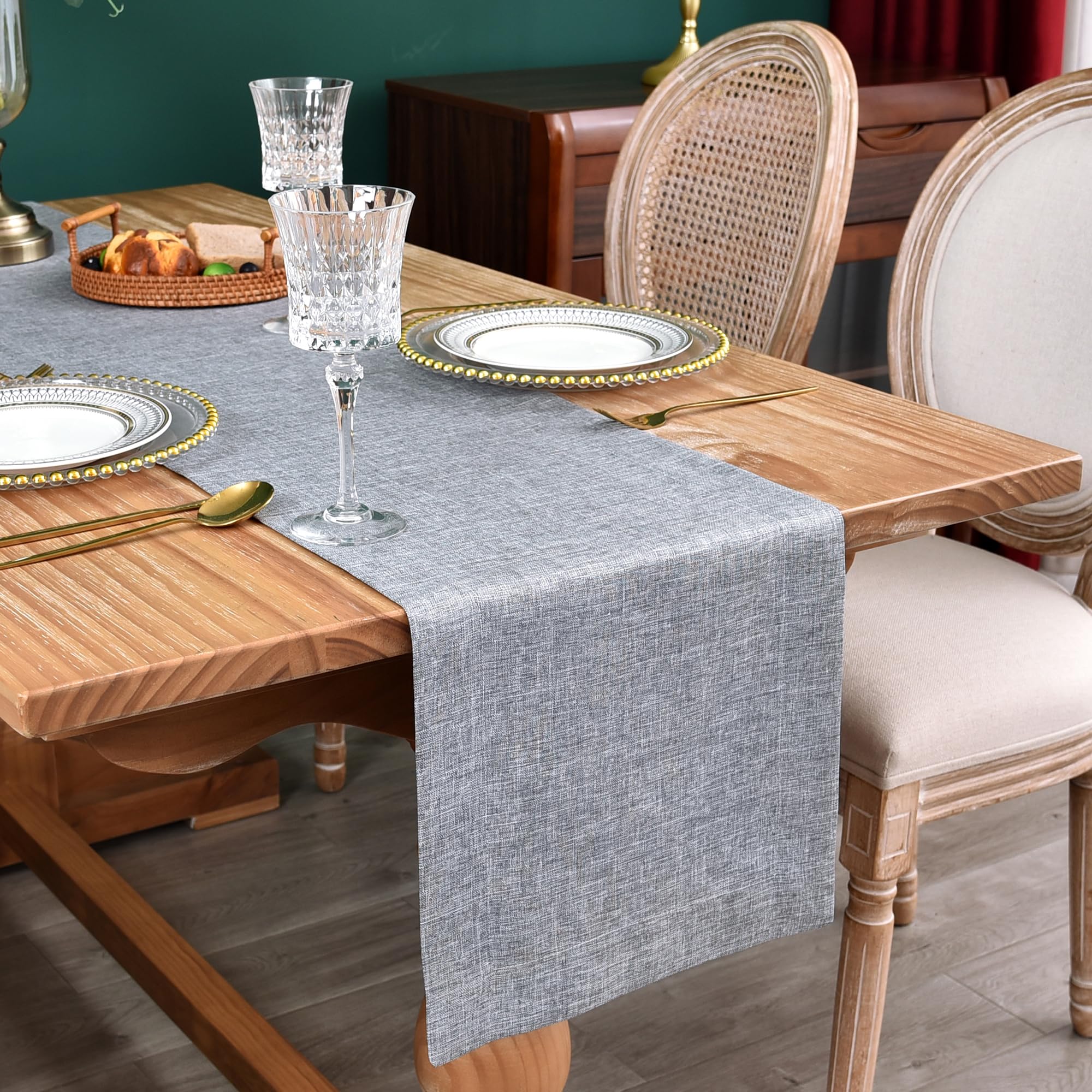 NEWISHER Farmhouse Rustic Table Runner Solid Beige Rectangular Table Runners Faux Linen Table Runner for Everyday Use Kitchen Dining Party Table 13x36 Inch