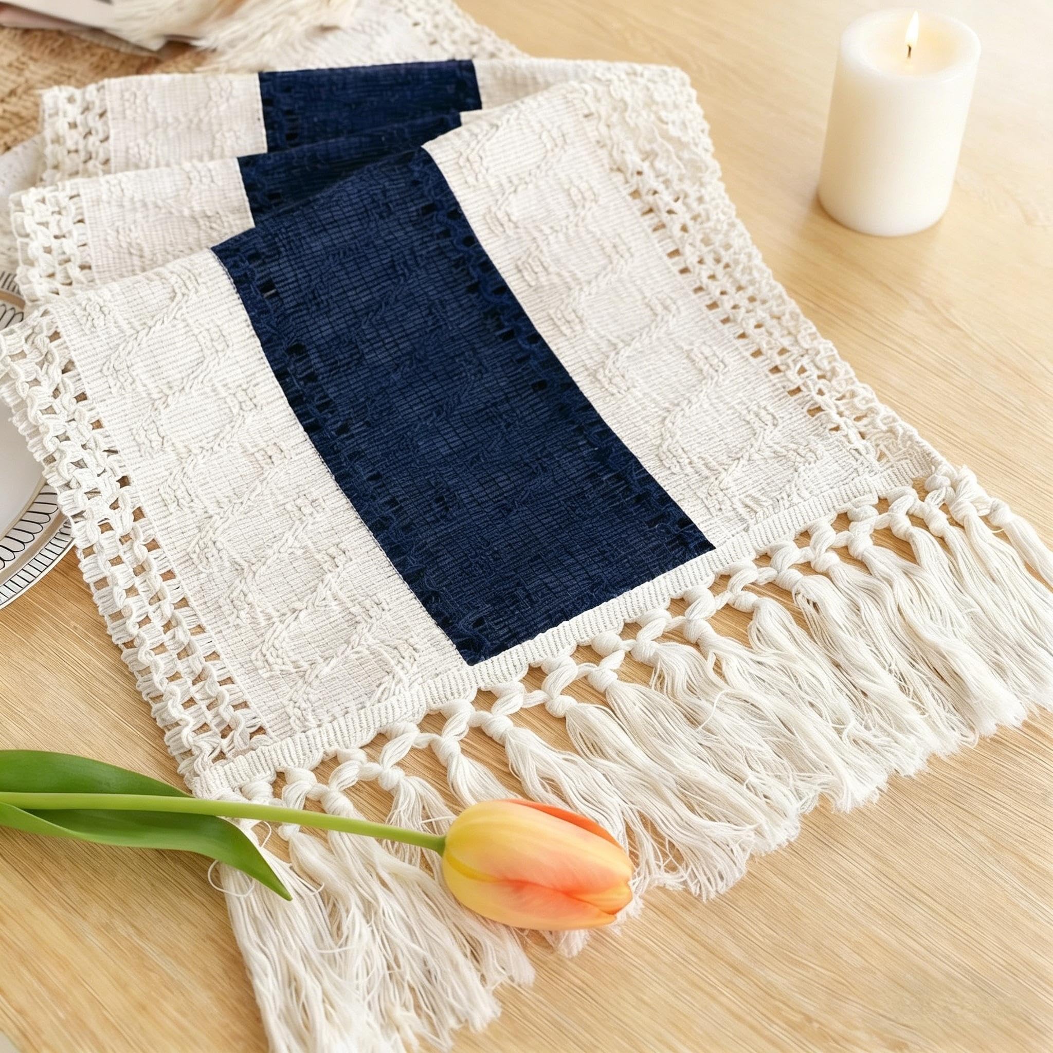 Boho Table Runner for Home Decor with Tassels 120 Inches Long Farmhouse Rustic Cream & Brown Table Runner Macrame Burlap Table Decoration for Living Room Bridal Shower(12x120 in, Fringe Included)