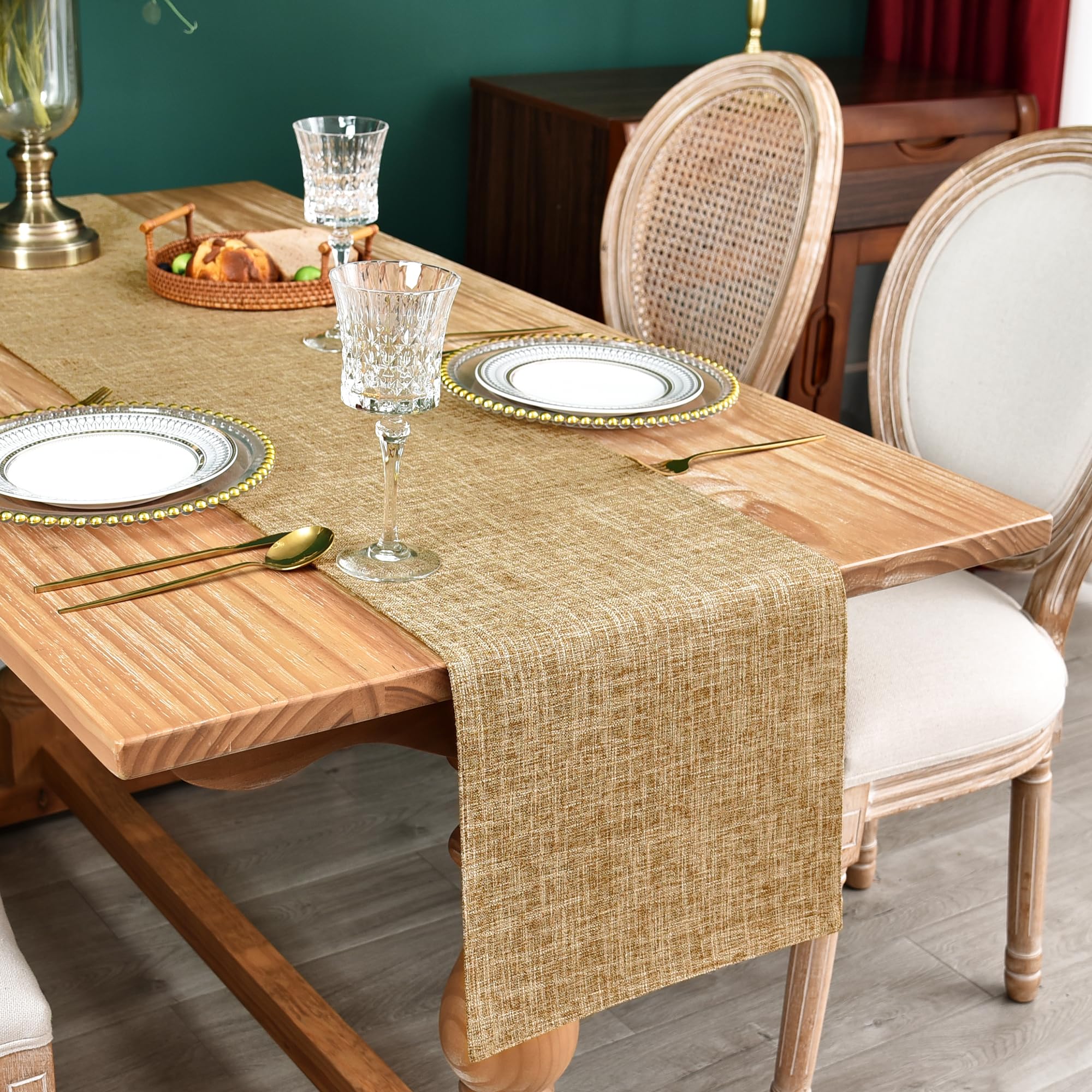 Farmhouse Rustic Faux Linen Table Runner Neutral Beige Table Runners Double Layer Reversible Rectangle Runners for Daily Use Kitchen Dining Banquet Holiday 13x48 Inch